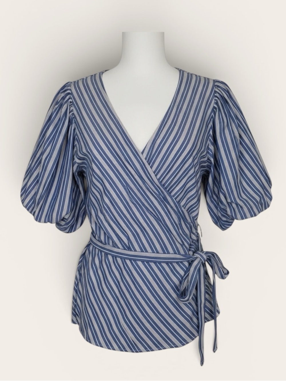 H&M Blue and White Striped Balloon Sleeve Wrap Blouse Size L